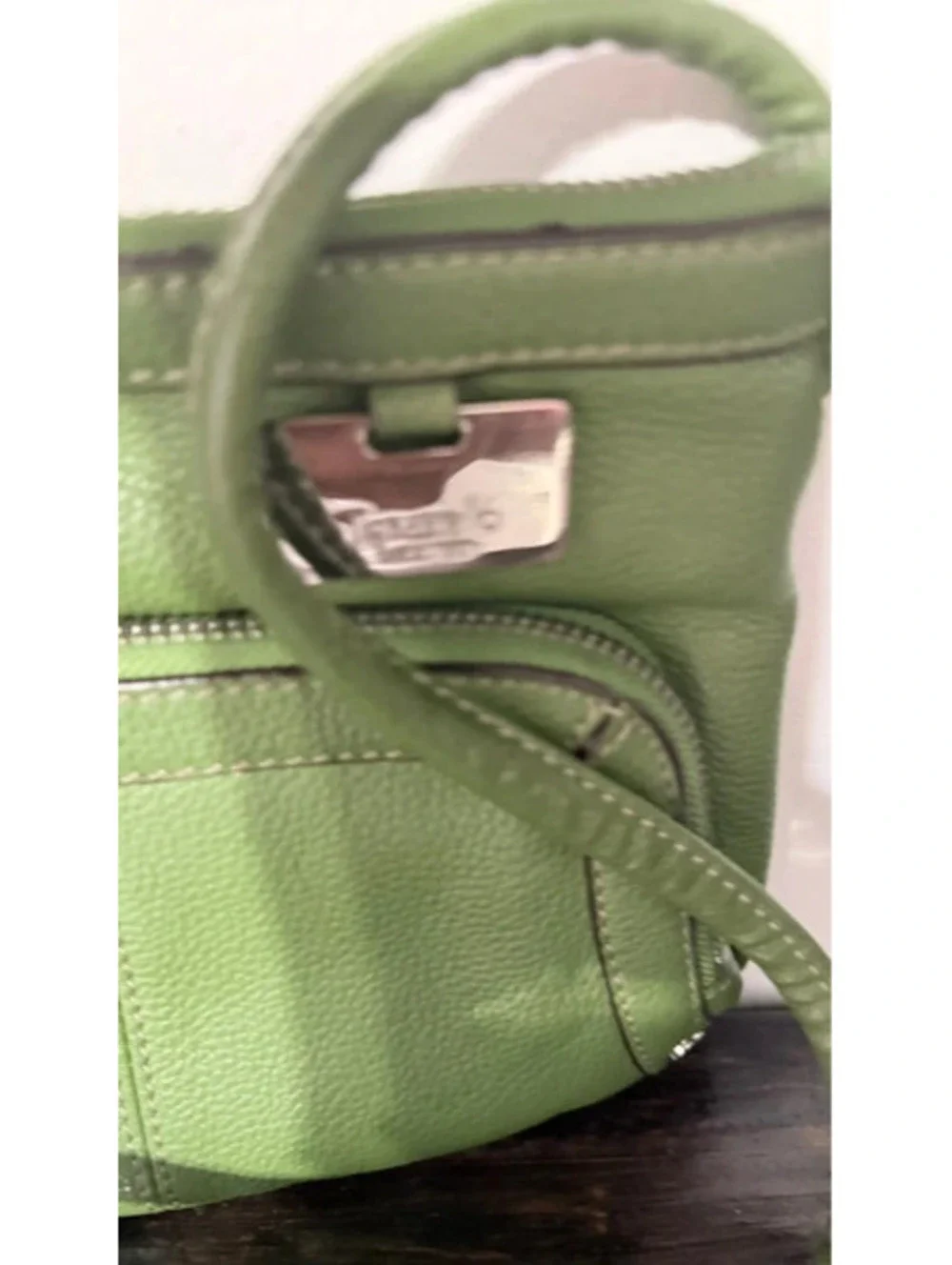 Tignanello green pebbled leather shoulder crossbody bag silver front pocket